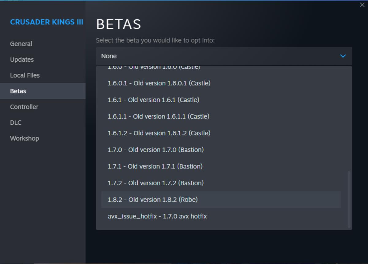 Crusader Kings 3 Betas drop-down menu on Steam.